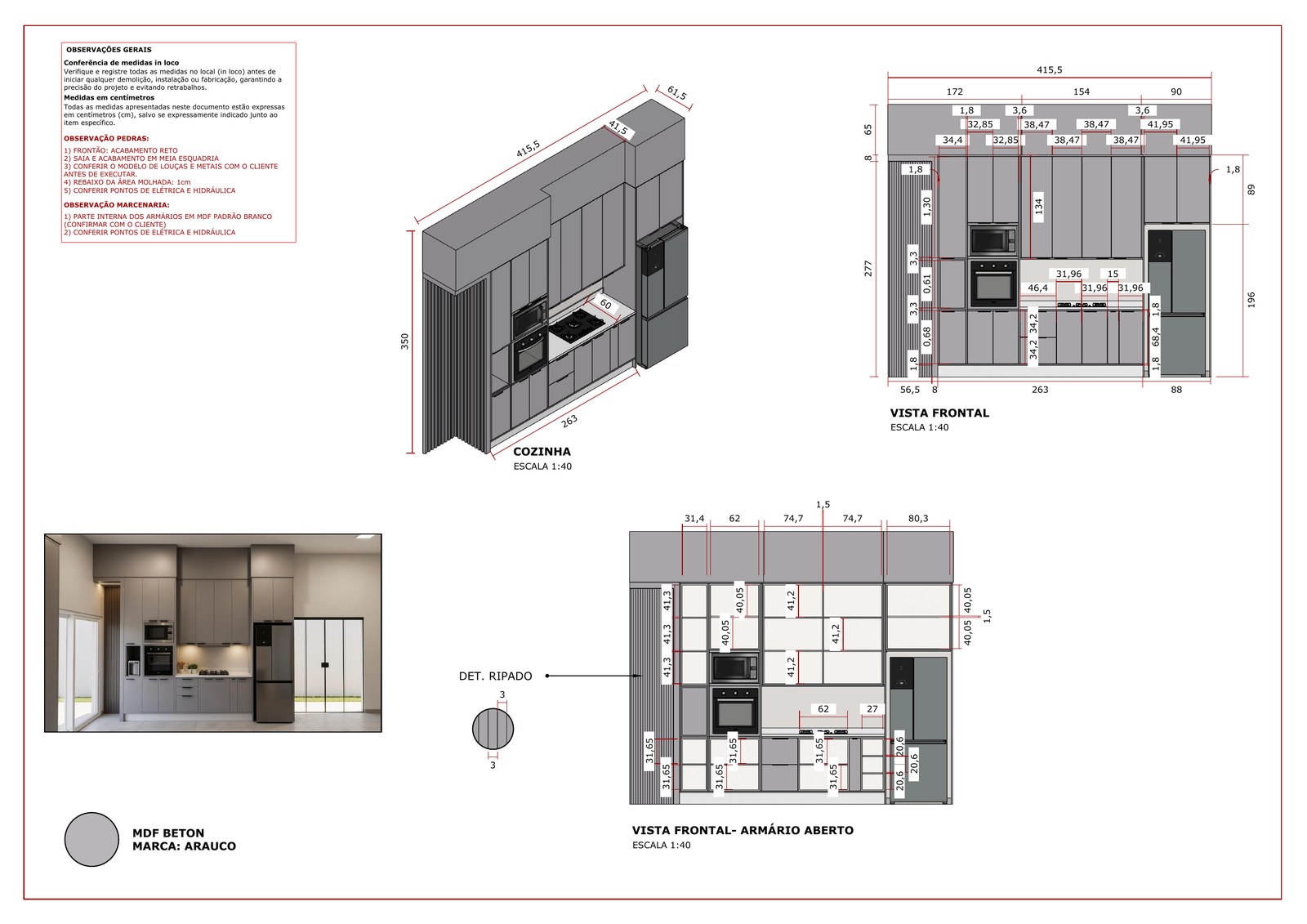 Prancha técnica de cozinha com perspectiva, vistas frontal e armário aberto.