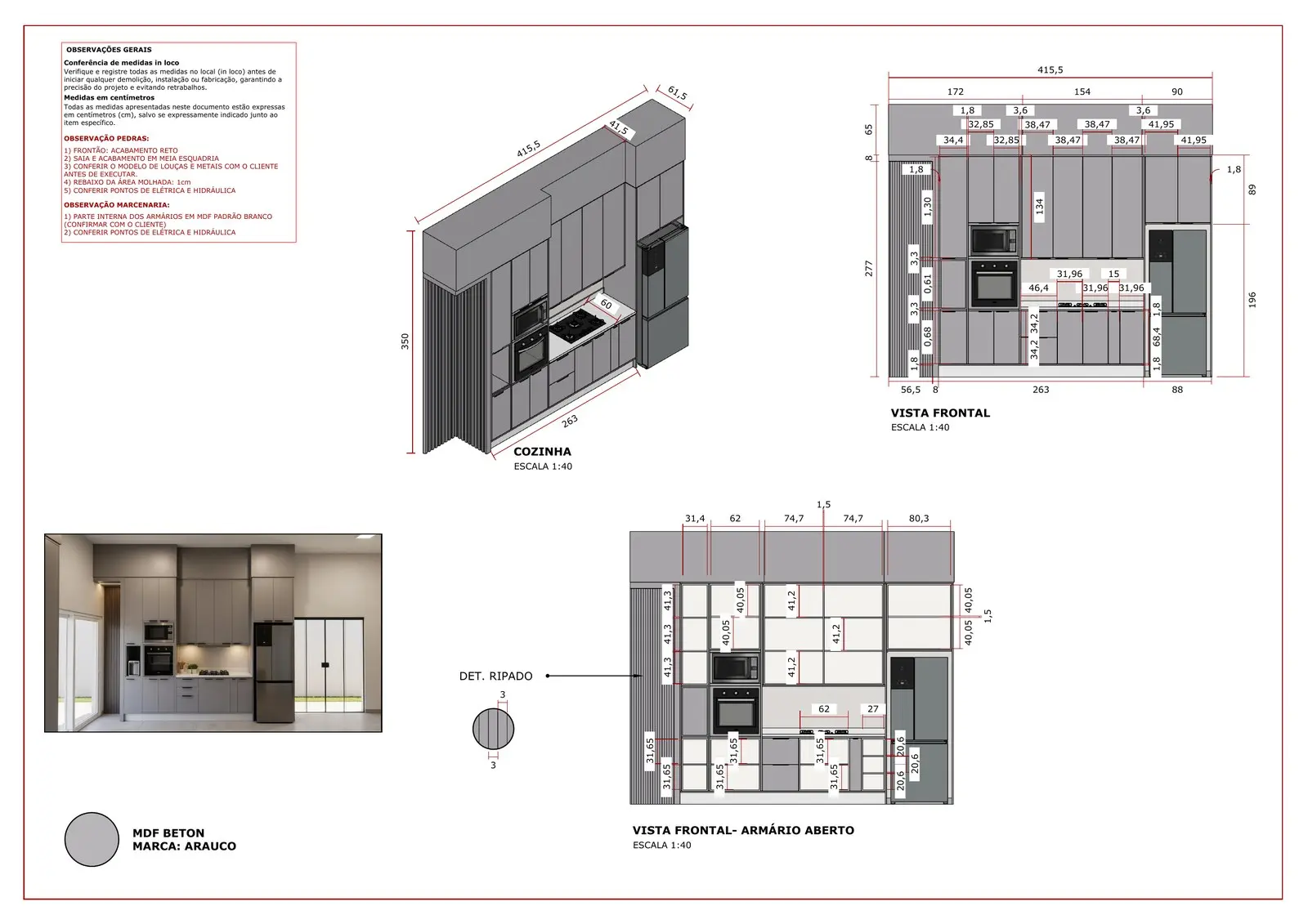Prancha técnica de cozinha com perspectiva, vistas frontal e armário aberto.