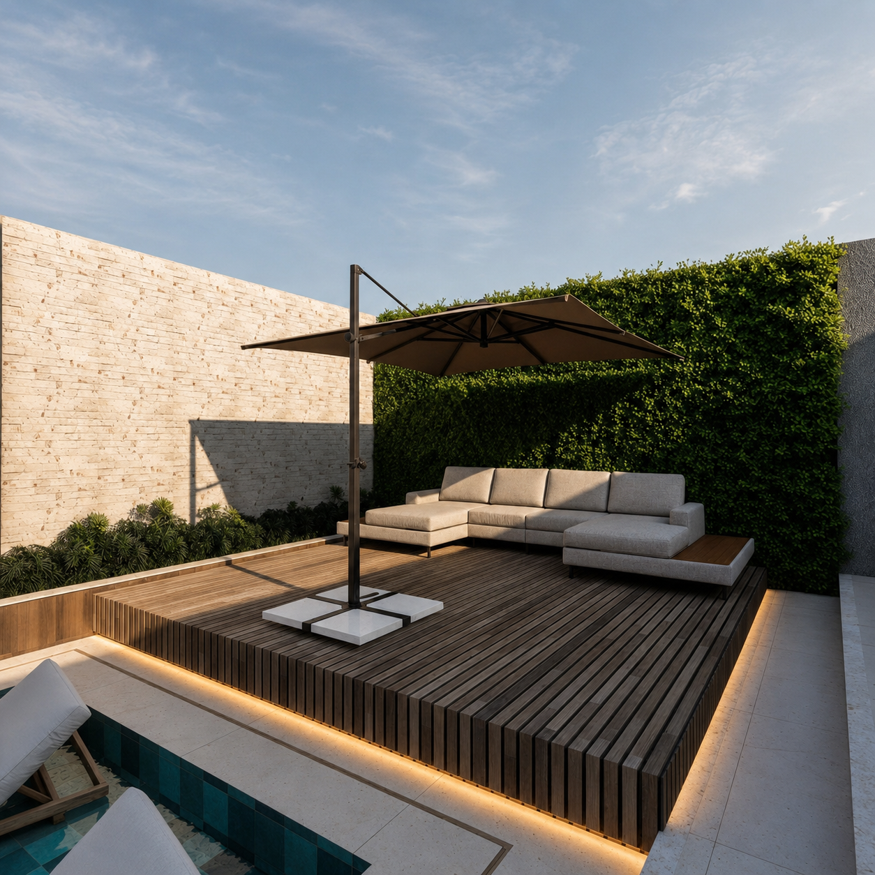 Deck lounge externo com sofá, ombrelone e iluminação inferior.
