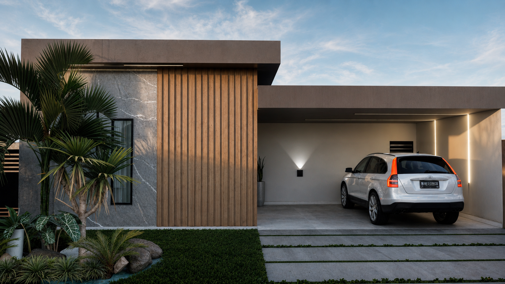 Fachada térrea contemporânea com volumes retos e garagem coberta.