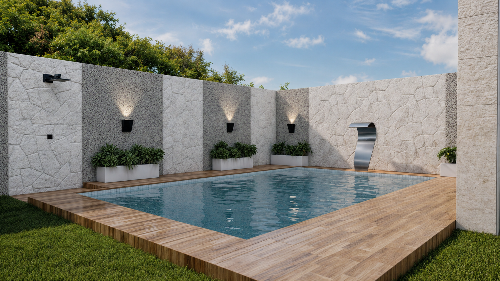 Piscina externa com revestimentos claros, cascata e iluminação.