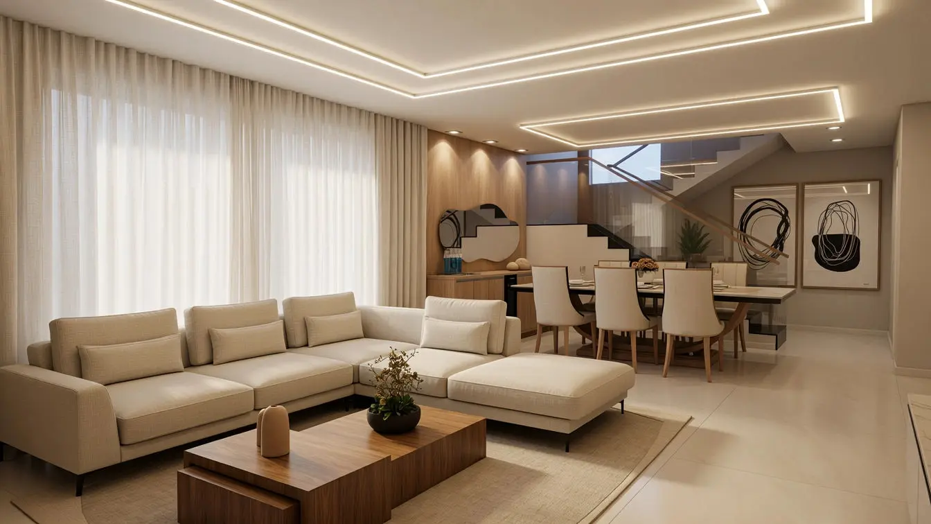 Sala de estar e jantar integradas em tons neutros, com iluminação indireta.