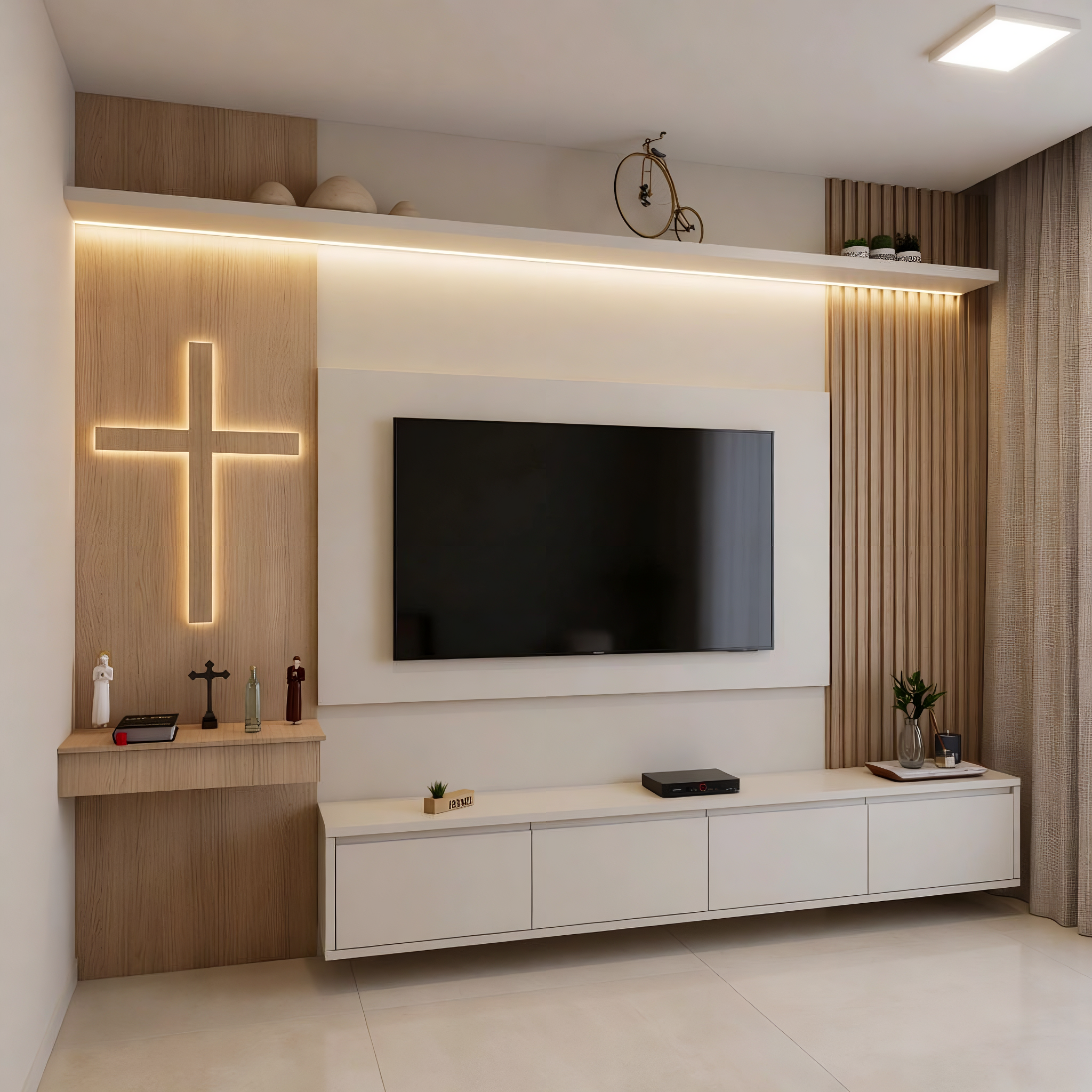 Painel de TV com marcenaria clara, iluminação indireta e espaço devocional.