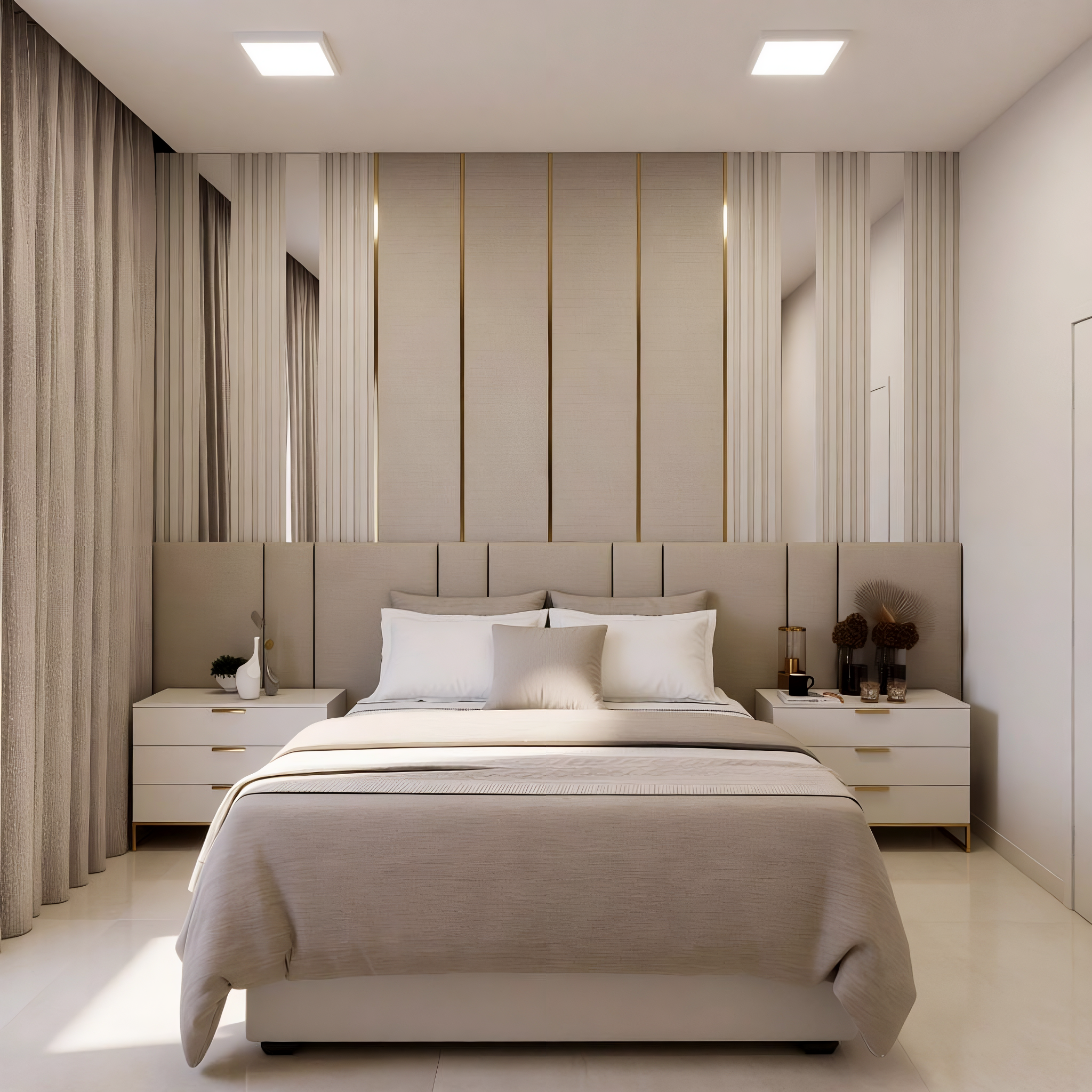 Quarto de casal em tons claros com cabeceira estofada e detalhes dourados.