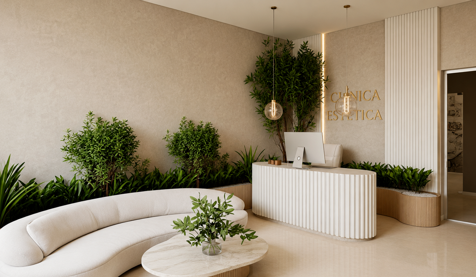 Recepção contemporânea de clínica de estética com balcão curvo, vegetação e tons naturais.