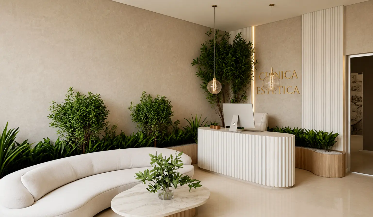 Recepção contemporânea de clínica de estética com balcão curvo, vegetação e tons naturais.