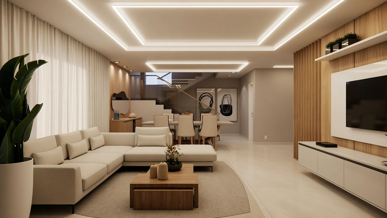 Sala de estar integrada à sala de jantar em uma residência contemporânea.