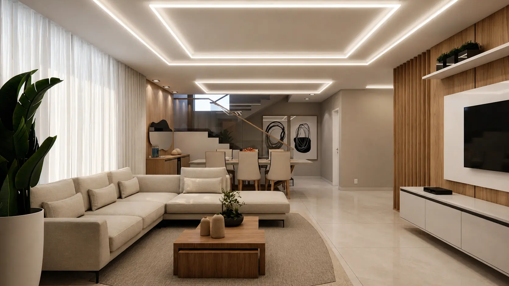 Sala de estar integrada à sala de jantar em uma residência contemporânea.