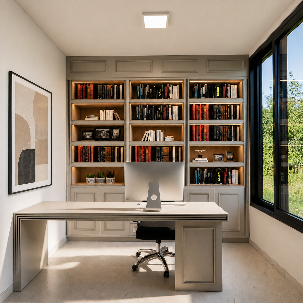 Projeto renderizado do home office com estante iluminada e bancada planejada.